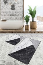 2'li Set Siyah - Gri Zeminde Mermer Motifli Klasik Desenli Geometrik Sade & Şık  2'li Banyo & Mutfak Paspas Takımı Realhomes