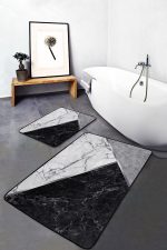 2'li Set Siyah - Gri Zeminde Mermer Motifli Klasik Desenli Geometrik Sade & Şık  2'li Banyo & Mutfak Paspas Takımı Realhomes