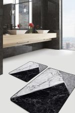 2'li Set Siyah - Gri Zeminde Mermer Motifli Klasik Desenli Geometrik Sade & Şık  2'li Banyo & Mutfak Paspas Takımı Realhomes