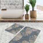 2'li Set Yeşil Zeminde Geometrik Motifli Kanvas Desenli Geometrik Modern  2'li Banyo & Mutfak Paspas Takımı Realhomes