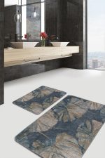 - PaspasTakimi-2li-Set587-Gorsel-2 - Realhomes 2'li Set Mavi Zeminde Yağlı Boya Motifli Çiçek Desenli Floral Sade & Şık 2'li Banyo & Mutfak Paspas Takımı Realhomes