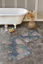 - Realhomes - Realhomes 2'li Set Mavi Zeminde Yağlı Boya Motifli Çiçek Desenli Floral Sade & Şık 2'li Banyo & Mutfak Paspas Takımı Realhomes