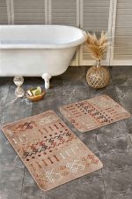 - Realhomes - Realhomes  2'li Set Kahverengi Zeminde Tribal Motifli Etnik Desenli Etnik Motifler Geometrik  2'li Banyo & Mutfak Paspas Takımı Realhomes