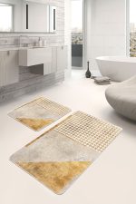 - PaspasTakimi-2li-Set589-Gorsel - Realhomes  2'li Set Gold Zeminde Geometrik Motifli Kazayağı Desenli Geometrik Klasik  2'li Banyo & Mutfak Paspas Takımı Realhomes