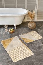 - Realhomes - Realhomes  2'li Set Gold Zeminde Geometrik Motifli Kazayağı Desenli Geometrik Klasik  2'li Banyo & Mutfak Paspas Takımı Realhomes