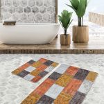 2'li Set Gri Zeminde Eskitme Motifli Kilim Desenli Eskitme Motifli Vintage  2'li Banyo & Mutfak Paspas Takımı Realhomes