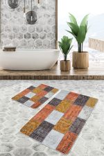 - PaspasTakimi-2li-Set590-Gorsel - Realhomes  2'li Set Kırkyama Zeminde Patchwork Motifli Etnik Desenli Klasik Vintage  2'li Banyo & Mutfak Paspas Takımı Realhomes