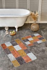 - Realhomes - Realhomes  2'li Set Kırkyama Zeminde Patchwork Motifli Etnik Desenli Klasik Vintage  2'li Banyo & Mutfak Paspas Takımı Realhomes