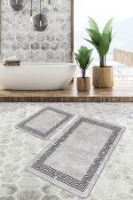 2'li Set Gri Zeminde Çerçeveli Motifli Eskitme Desenli Klasik Geometrik  2'li Banyo & Mutfak Paspas Takımı Realhomes