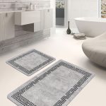2'li Set Gri - Beyaz Zeminde Çerçeveli Motifli Antik Desenli Geometrik Eskitme Motifli  2'li Banyo & Mutfak Paspas Takımı Realhomes