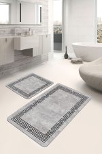 2'li Set Gri Zeminde Çerçeveli Motifli Eskitme Desenli Klasik Geometrik  2'li Banyo & Mutfak Paspas Takımı Realhomes