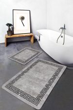 2'li Set Gri Zeminde Çerçeveli Motifli Eskitme Desenli Klasik Geometrik  2'li Banyo & Mutfak Paspas Takımı Realhomes