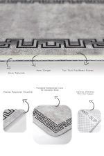 2'li Set Gri Zeminde Çerçeveli Motifli Eskitme Desenli Klasik Geometrik  2'li Banyo & Mutfak Paspas Takımı Realhomes