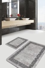 2'li Set Gri Zeminde Çerçeveli Motifli Eskitme Desenli Klasik Geometrik  2'li Banyo & Mutfak Paspas Takımı Realhomes
