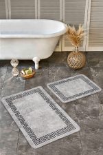 2'li Set Gri Zeminde Çerçeveli Motifli Eskitme Desenli Klasik Geometrik  2'li Banyo & Mutfak Paspas Takımı Realhomes