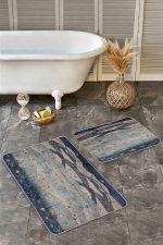 - Realhomes - Realhomes 2'li Set Lacivert Zeminde Antik Motifli Geleneksel Desenli Vintage Etnik Motifler 2'li Banyo & Mutfak Paspas Takımı Realhomes