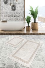 2'li Set Bej Zeminde Çerçeveli Motifli Geleneksel Desenli Geometrik Klasik  2'li Banyo & Mutfak Paspas Takımı Realhomes