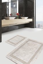 2'li Set Bej Zeminde Çerçeveli Motifli Geleneksel Desenli Geometrik Klasik  2'li Banyo & Mutfak Paspas Takımı Realhomes