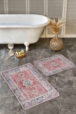 - Realhomes - Realhomes 2'li Set Kırmızı Zeminde Hereke Motifli Yöresel Desenli Vintage Avangarde 2'li Banyo & Mutfak Paspas Takımı Realhomes