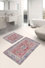 - PaspasTakimi-2li-Set598-Gorsel-2 - Realhomes 2'li Set Kırmızı Zeminde Hereke Motifli Yöresel Desenli Vintage Avangarde 2'li Banyo & Mutfak Paspas Takımı Realhomes