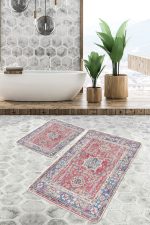 - PaspasTakimi-2li-Set598-Gorsel-4 - Realhomes 2'li Set Kırmızı Zeminde Hereke Motifli Yöresel Desenli Vintage Avangarde 2'li Banyo & Mutfak Paspas Takımı Realhomes