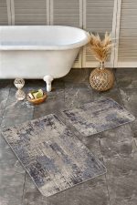 - Realhomes - Realhomes  2'li Set Kahverengi Zeminde Eskitme Motifli Retro Desenli Eskitme Motifli Vintage  2'li Banyo & Mutfak Paspas Takımı Realhomes