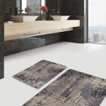 2'li Set Kahverengi - Beyaz Zeminde Çerçeveli Motifli Dokuma Desenli Geometrik Eskitme Motifli  2'li Banyo & Mutfak Paspas Takımı Realhomes