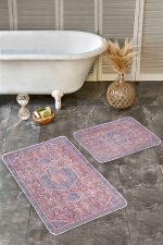 - Realhomes - Realhomes  2'li Set Pembe Zeminde Dokuma Motifli Yöresel Desenli Avangarde Vintage  2'li Banyo & Mutfak Paspas Takımı Realhomes