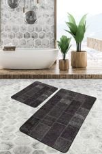 - PaspasTakimi-2li-Set601-Gorsel-1 - Realhomes  2'li Set Kahverengi Zeminde Patchwork Motifli Geleneksel Desenli Vintage Klasik  2'li Banyo & Mutfak Paspas Takımı Realhomes