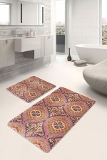 - PaspasTakimi-2li-Set602-Gorsel - Realhomes 2'li Set Pembe Zeminde İkat Motifli Yöresel Desenli Avangarde Vintage 2'li Banyo & Mutfak Paspas Takımı Realhomes