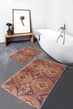 - PaspasTakimi-2li-Set602-Gorsel-2 - Realhomes 2'li Set Pembe Zeminde İkat Motifli Yöresel Desenli Avangarde Vintage 2'li Banyo & Mutfak Paspas Takımı Realhomes