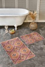 - Realhomes - Realhomes 2'li Set Pembe Zeminde İkat Motifli Yöresel Desenli Avangarde Vintage 2'li Banyo & Mutfak Paspas Takımı Realhomes