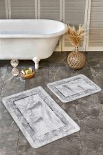 - Realhomes - Realhomes  2'li Set Gri Zeminde Çerçeveli Motifli Eskitme Desenli Eskitme Motifli Klasik  2'li Banyo & Mutfak Paspas Takımı Realhomes