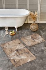 2'li Set Kahverengi Zeminde Retro Motifli Yaprak Desenli Vintage Eskitme Motifli  2'li Banyo & Mutfak Paspas Takımı Realhomes