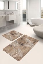2'li Set Kahverengi Zeminde Retro Motifli Yaprak Desenli Vintage Eskitme Motifli  2'li Banyo & Mutfak Paspas Takımı Realhomes