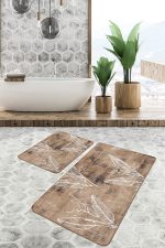 2'li Set Kahverengi Zeminde Retro Motifli Yaprak Desenli Vintage Eskitme Motifli  2'li Banyo & Mutfak Paspas Takımı Realhomes