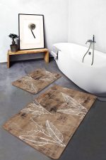 2'li Set Kahverengi Zeminde Retro Motifli Yaprak Desenli Vintage Eskitme Motifli  2'li Banyo & Mutfak Paspas Takımı Realhomes