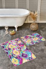 - Realhomes - Realhomes  2'li Set Çok Renkli Zeminde İkat Motifli Geleneksel Desenli Klasik Modern  2'li Banyo & Mutfak Paspas Takımı Realhomes