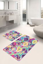 - PaspasTakimi-2li-Set605-Gorsel-2 - Realhomes  2'li Set Çok Renkli Zeminde İkat Motifli Geleneksel Desenli Klasik Modern  2'li Banyo & Mutfak Paspas Takımı Realhomes