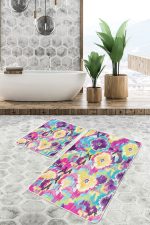 - PaspasTakimi-2li-Set605-Gorsel-4 - Realhomes  2'li Set Çok Renkli Zeminde İkat Motifli Geleneksel Desenli Klasik Modern  2'li Banyo & Mutfak Paspas Takımı Realhomes