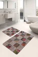 - PaspasTakimi-2li-Set606-Gorsel - Realhomes 2'li Set Bej Zeminde Patchwork Motifli Çiçek Desenli Vintage Klasik 2'li Banyo & Mutfak Paspas Takımı Realhomes