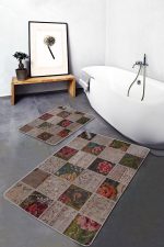 - PaspasTakimi-2li-Set606-Gorsel-2 - Realhomes 2'li Set Bej Zeminde Patchwork Motifli Çiçek Desenli Vintage Klasik 2'li Banyo & Mutfak Paspas Takımı Realhomes