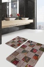 - PaspasTakimi-2li-Set606-Gorsel-4 - Realhomes 2'li Set Bej Zeminde Patchwork Motifli Çiçek Desenli Vintage Klasik 2'li Banyo & Mutfak Paspas Takımı Realhomes