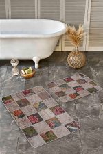- Realhomes - Realhomes 2'li Set Bej Zeminde Patchwork Motifli Çiçek Desenli Vintage Klasik 2'li Banyo & Mutfak Paspas Takımı Realhomes