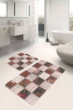 - PaspasTakimi-2li-Set607-Gorsel-1 - Realhomes  2'li Set Bej Zeminde Patchwork Motifli Çiçek Desenli Vintage Klasik  2'li Banyo & Mutfak Paspas Takımı Realhomes