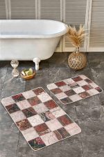 - Realhomes - Realhomes  2'li Set Bej Zeminde Patchwork Motifli Çiçek Desenli Vintage Klasik  2'li Banyo & Mutfak Paspas Takımı Realhomes