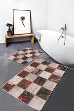 - PaspasTakimi-2li-Set607-Gorsel-4 - Realhomes  2'li Set Bej Zeminde Patchwork Motifli Çiçek Desenli Vintage Klasik  2'li Banyo & Mutfak Paspas Takımı Realhomes