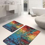 2'li Set Mavi - Bej Zeminde Antik Motifli Dokuma Halı Desenli Geometrik Eskitme Motifli  2'li Banyo & Mutfak Paspas Takımı Realhomes