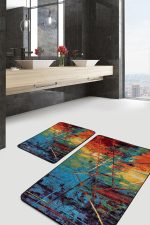 2'li Set Kanvas Zeminde Yağlı Boya Motifli Modern Sanat Desenli Modern Sade & Şık  2'li Banyo & Mutfak Paspas Takımı Realhomes
