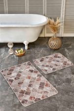 - Realhomes - Realhomes 2'li Set Kahverengi Zeminde Morrocan Motifli Yöresel Desenli Geometrik Klasik 2'li Banyo & Mutfak Paspas Takımı Realhomes